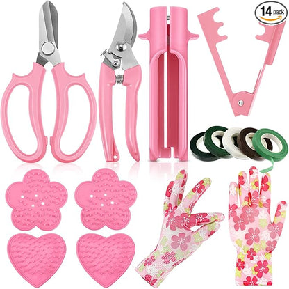 Lasnten 14 Pcs Rose Stripper Thorn Remover Tool Garden Pruning Shears Scissors Kit Leaf Stripping Tool Floral Gloves and Floral Tape Flower Stripper Kit Gift for Wedding Outdoor Gardening
