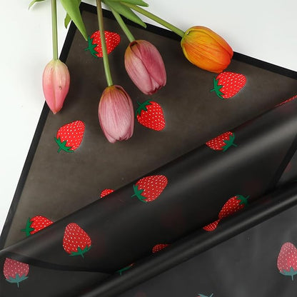 Liobelon 20 Sheets Flower Wrapping Paper Waterproof Bouquet Paper with Strawberry Pattern Black Gift Wrapping Paper for Flower Shop, Wedding, Birthday Party, Handmade DIY, Anniversary 22.8 x 22.8Inch