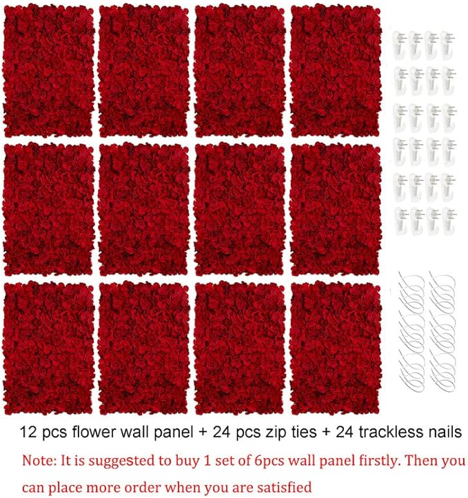 BLOSMON Flower Wall Panel Backdrop - 12 Pcs 24 x 16 Inch Red Artificial Hydrangea Floral Panels for Wedding Party Baby Bridal Shower Decor - 3D Fake Silk Flower Backdrop Decoration
