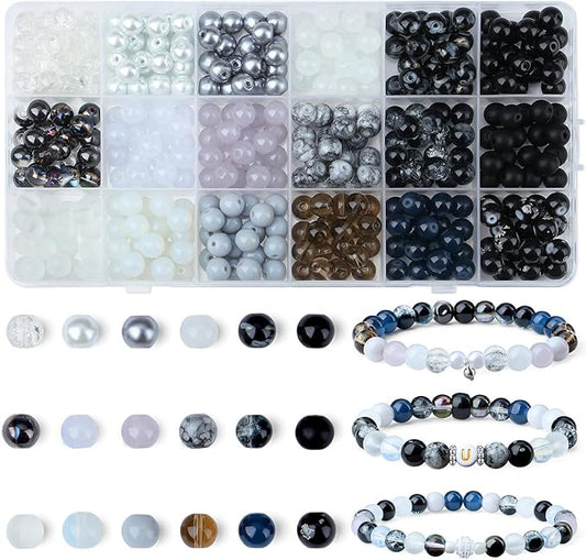 DUQGUHO 8mm Black Beads for Jewelry Making Black Glass Beads for Bracelets Necklaces DIY Crafts Glass Round Beads Black and White Beads Kit 360PCS
