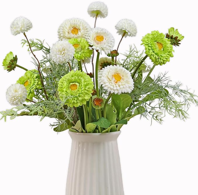 Fake Flowers Artificial Daisy Flowers Daisies and Kiku Flowers Chrysanthemum Bouquet with Rosemary Sprigs for Florals Arrangements Table Centerpieces Spring Flower Decor (White & Green)