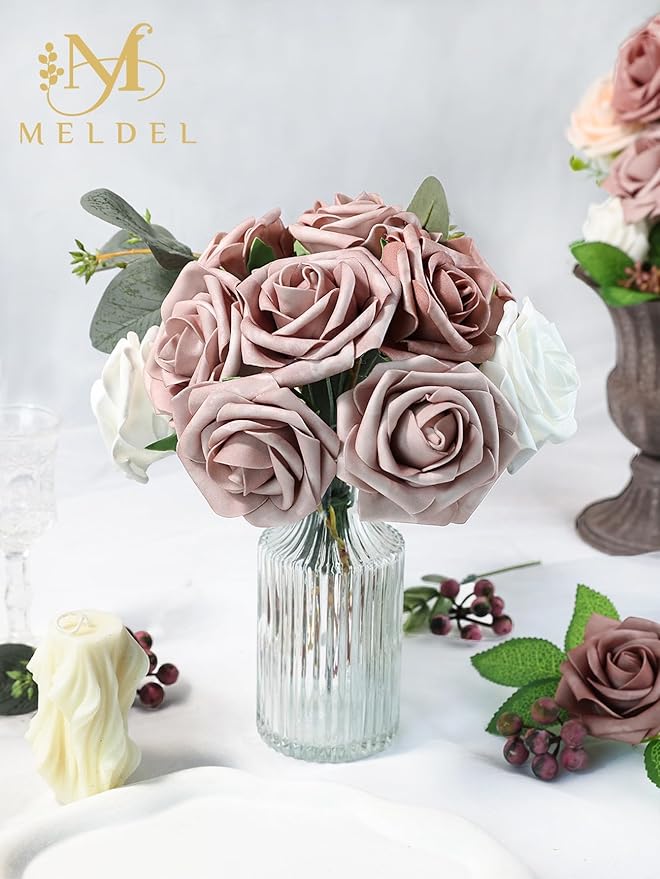 Meldel Artificial Flower 100pcs Real Touch Dusty Pink Rose Fake Foam Roses with Stems for DIY Wedding Bouquets Gifts Bulk Crafts Faux Floral Centerpieces Arrangements Home Party Tables Decorations
