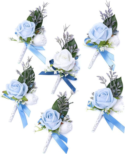 Fnize Blue Boutonniere for Men, 6 Pcs Groom Groomsmen Boutonnieres, Artificial Flowers for Wedding Prom Homecoming