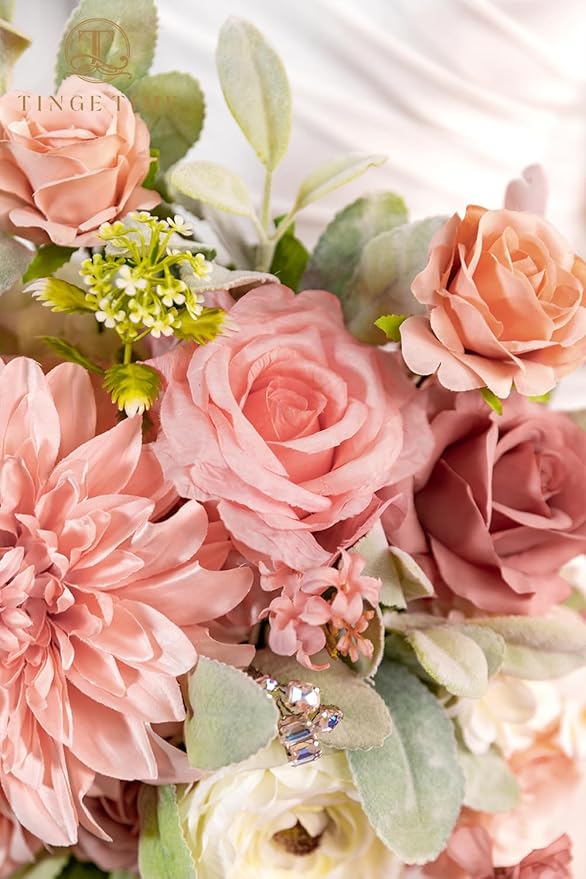 TINGE TIME 13 Inch Wedding Bouquets for Bride,Bridal Bouquet for Bride, Artificial Silk Flowers for Wedding Ceremony and Anniversary (Dusty Rose & Cream)