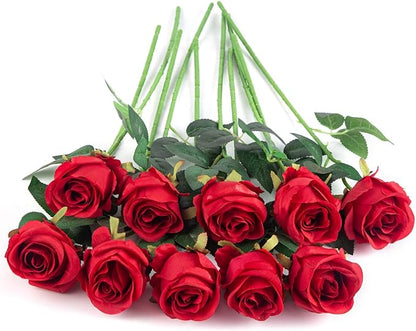 Flojery 10pcs Artificial Rose Flowers Long Stem Fake Silk Roses for DIY Wedding Bouquet Table Centerpiece Home Decor,Red
