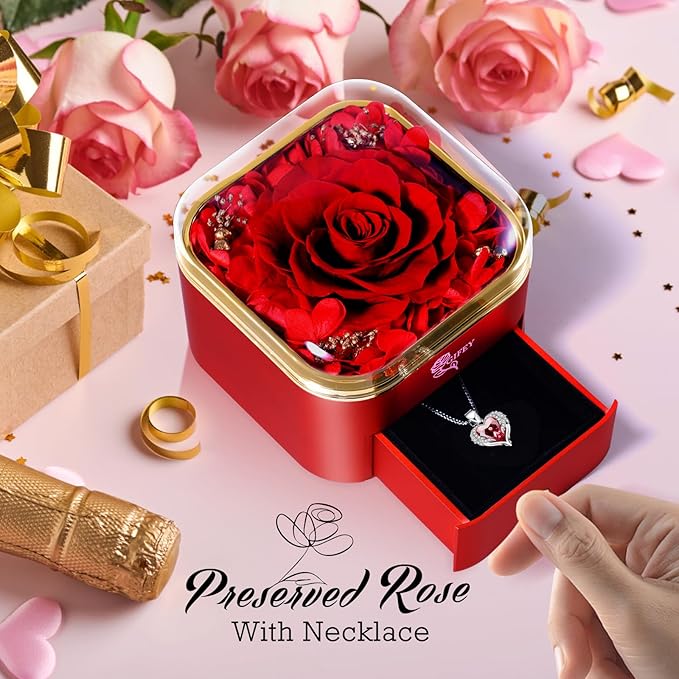 Christmas Flower Gifts for Her,Preserved Red Rose with Necklace,Preserved Flowers for Delivery Prime Gifts for Women Mom Wife Girlfriend Gifts Ideas on Birthday Anniversary Christmas Valentines Day