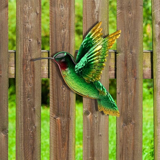 John's Studio Metal Hummingbird Wall Decor Bathroom Glass Art Iron Sculpture Outdoor Hanging Decoration for Home Bedroom Garden Patio Porch or Fence - Green