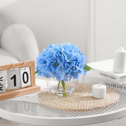 Blue Hydrangea Artificial Flower with Vase Fake Flower in Glass Vase with Faux Water for Home Bathroom Office Table Centerpiece Shelf Decorations Flowers