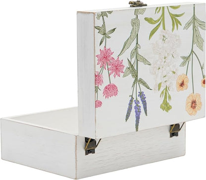 Small Decorative Box with Hinged Lid Wooden Handmade Keepsake Storage Box Floral Printed Jewelry Box Rustic Trinket Box - 7.9 x 6.5 x 3.4 Inches