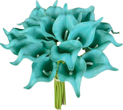 Mandy's PU Teal Calla Lily Artificial Flowers 20 Stems 13.5in Faux Realistic Centerpiece for Thanksgiving and Christmas Decorations DIY Bridal Bouquet Home Décor