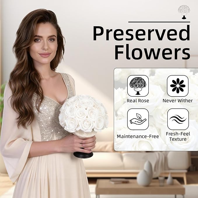 Luxury Preserved Flowers Blooms with Ceramic Base, Mushroom Shape Forever Eternal Natural Rose Gift Box for Home Table Decoration, Girlfriend Wife family Valentines Mothers Day Birthday (White)