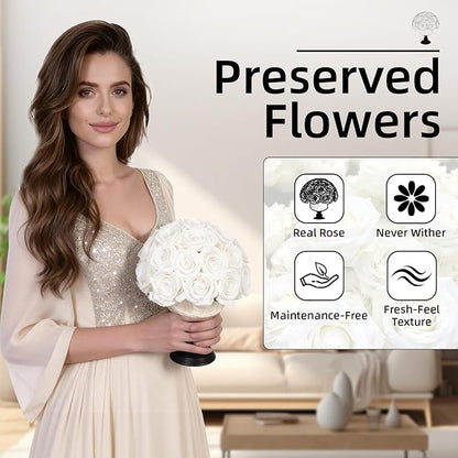 Luxury Preserved Flowers Blooms with Ceramic Base, Mushroom Shape Forever Eternal Natural Rose Gift Box for Home Table Decoration, Girlfriend Wife family Valentines Mothers Day Birthday (White)