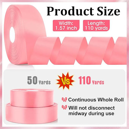 XSEINO 110 Yards Ribbon,1 1/2 Inch Pink Satin Ribbon for Flower Bouquet, Gift Wrapping, Ribbons for Crafts, Hair Bows Making, Wedding Party Decoration, Sewing, Invitation Cards, Christmas, Wreath