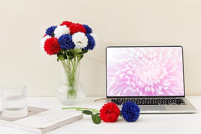SITUMEIZI 12 Pcs Artificial Chrysanthemums Flowers Ball Flower Fake Mums Silk for Wedding Home Kitchen Decoration Floral Arrangement(Red,Blue,White)