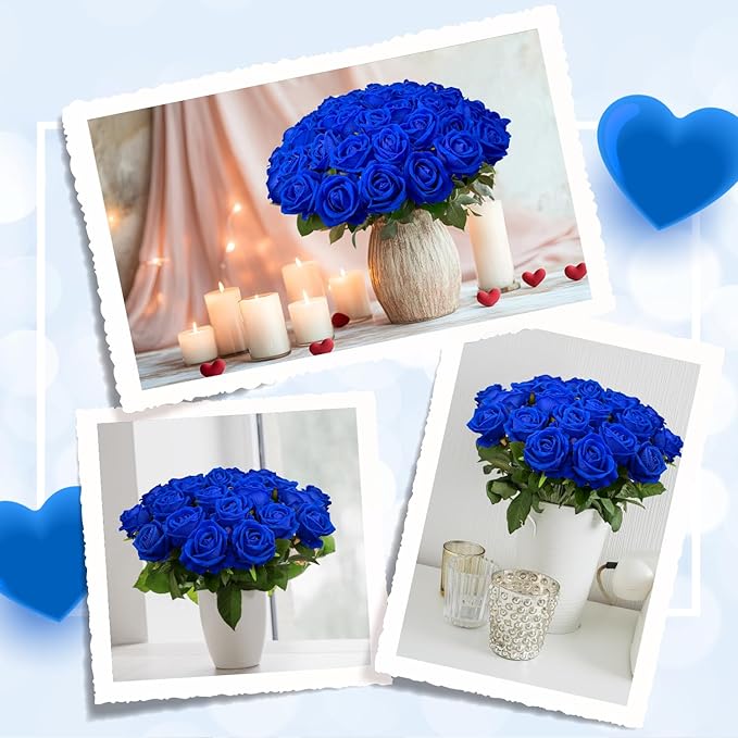 Wondrus Bulk Artificial Flowers 50 PCS, Fake Velvet Silk Blue Roses with Long Stems Realistic Bouquet for Wedding Centerpieces, Faux Arrangement for Home Table Decor