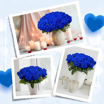 Wondrus Bulk Artificial Flowers 50 PCS, Fake Velvet Silk Blue Roses with Long Stems Realistic Bouquet for Wedding Centerpieces, Faux Arrangement for Home Table Decor