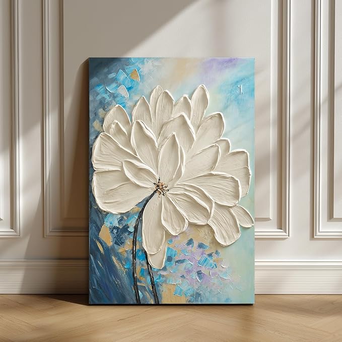 JUHOME Hand-Painted White Floral Canvas Wall Art, 24x36 In Textured Abstract Oil Painting, Vertical Modern Artwork for Living Room, Bedroom, Corridor, Office Decoration