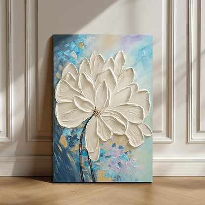 JUHOME Hand-Painted White Floral Canvas Wall Art, 24x36 In Textured Abstract Oil Painting, Vertical Modern Artwork for Living Room, Bedroom, Corridor, Office Decoration