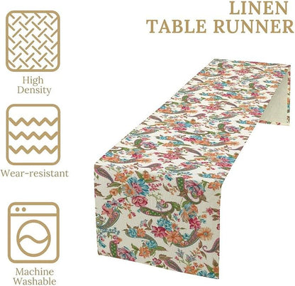 Boho Floral Table Runner, Colorful Bohemian Paisley Flower Design Table Runner for Kitchen Dining Home Party Decor, 13x120 Inch