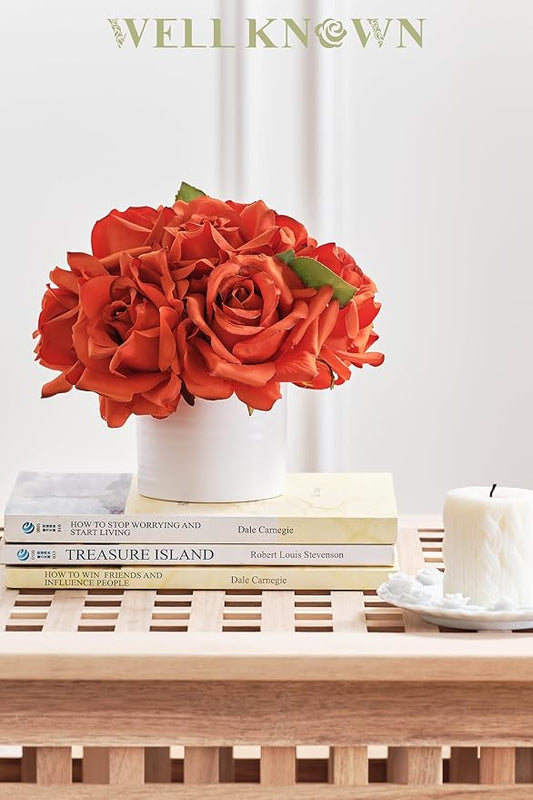 WELL KNOWN Artificial Flowers in Vase, Silk Rose Arrangement Mini Potted Realistic Fake Flowers with Ceramic Vase for Wedding Vanity Centerpiece Coffee Table Bathroom Anniversary Decor (Burnt Orange)