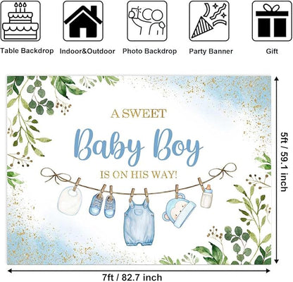 Sensfun Cute Clothes Baby Shower Backdrop for Boys A Sweet Baby Boy is On His Way Banner Greenery Eucalyptus Leaves Welcome Baby Boy Baby Shower Party Decorations Banner Photo Booth Props 7x5ft