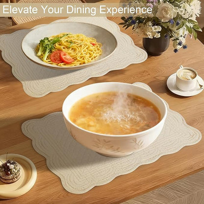6 PCS Quilted Placemats -13x18 inches, 100% Cotton Placemats with Microfiber Filling, Thick & Washable Place Mats for Durable Use, Rectangular Placemats with Scalloped Edge for Kichen and Dining, Flax