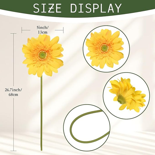 Yellow Gerbera Daisy Artificial Flowers – Real Touch Latex Silk Daisy Flowers 5PCS, 26.7" Long Stem Artificial Flowers for Summer Centerpieces, Home Decor Indoor, or Fake Wildflower Displays