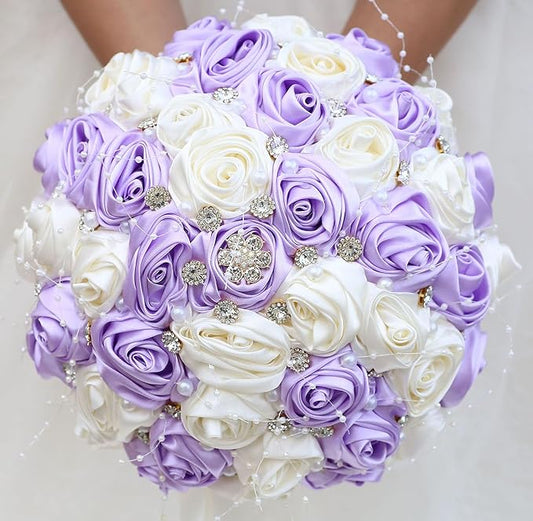 Bridal Wedding Bouquet Round Bling Brooch Bouquet Throw Toss Artificial Rose Flower Bunch for Bride Bridesmaid Wedding Quinceanera(Light Purple & Ivory, 9.8")