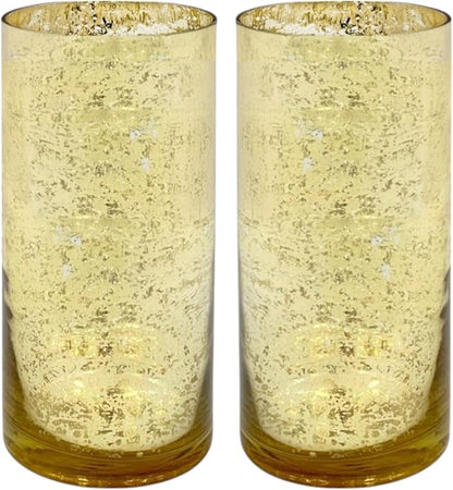 Hosley Set of 2 Mercury Gold Glass Vases – Elegant Flower Pots for Boho Decor, Wedding Gifts, Decorative Centerpieces, Hurricane Style Vase for Home, Events, and DIY Crafts