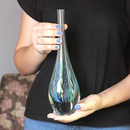 Ca D Oro Small Drop Glass Vase Boho with Blue/Green Canes Hand Blown Murano-Style Art Glass - Model Tall