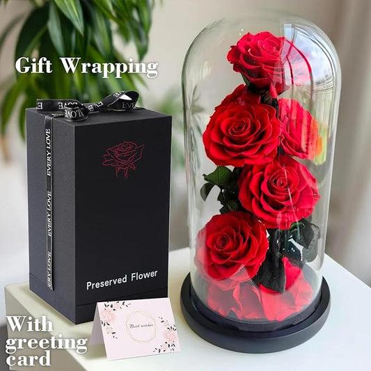 Flowers for Delivery - Forever Flowers Rose in Glass Dome with LED Lights, Large Size Preserved Roses Gifts for Women, Mom, Wife, Friend -Birthday, Anniversary, Valentine's Day Gift (Red Rose)