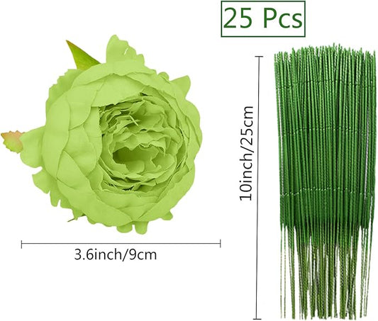 FagusHome 25 Pcs Silk Peony Artificial Flower Heads 4 inch Fake Peony Flowers Heads with Stems Artificial Peony Flower Heads in Bulk Wholesale for Wedding Home Decor (Light Green)