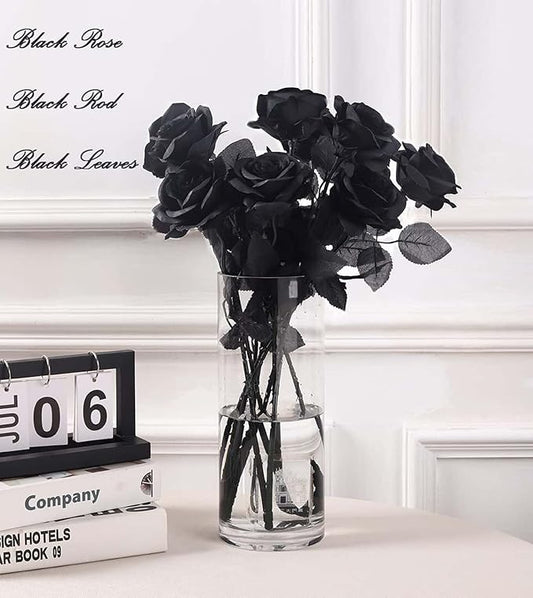 Laelfe 12 PCS Artificial Flowers Black Roses, Fake Silk Flower Long Stem Artificial Rose for Home Wedding Party Decorations(Black Halloween)