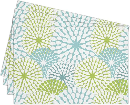 Cotton Linen Waterproof Placemats Set of 4, Blue Teal Flowers Dining Mat Boho Table Mats Decor Fabric for Kitchen Dinner Coffee Shop Table, Indoor/Outdoor Washable Wipeable Placemat -N022