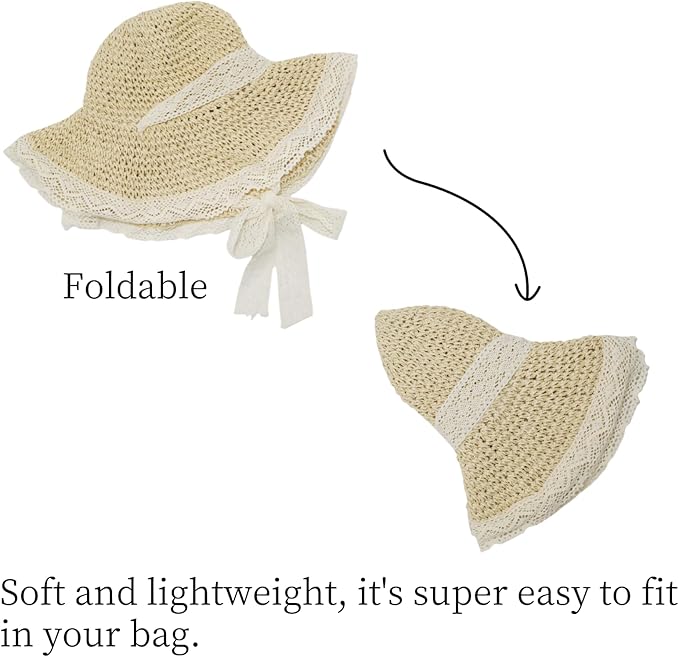 Ladies Wide Brim Beach Straw Hat Summer Vacation Sun Protection Hat Braided Lace Edge Hat Soft Foldable Lightweight
