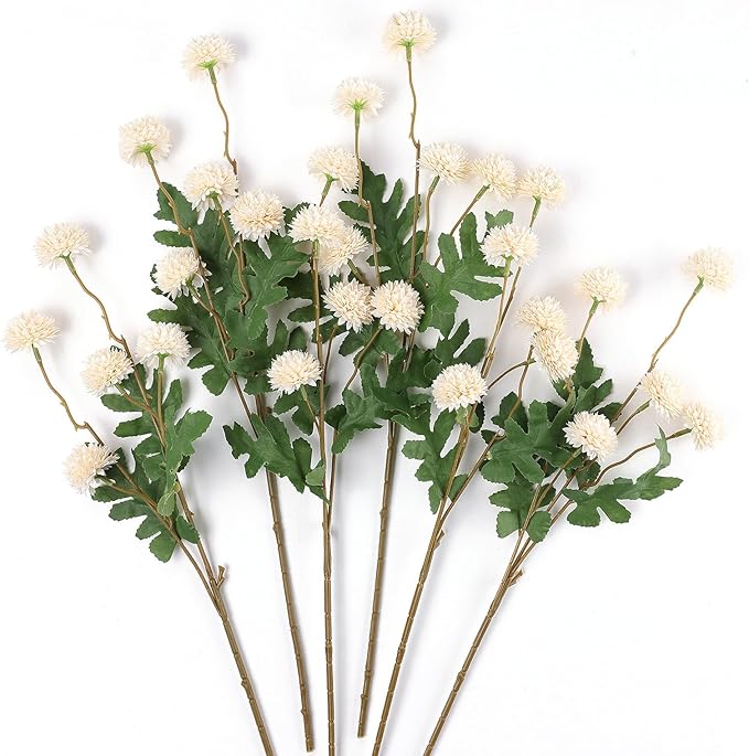 mizii 6Pcs Beige Fake Silk Pompon Mum Artificial Flowers Bulk Small Faux Chrysanthemums with Stems Floral Decorations for Wedding DIY Bouquet Centerpieces Shower Vase Home Decor (Bright Beige)