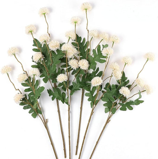 mizii 6Pcs Beige Fake Silk Pompon Mum Artificial Flowers Bulk Small Faux Chrysanthemums with Stems Floral Decorations for Wedding DIY Bouquet Centerpieces Shower Vase Home Decor (Bright Beige)