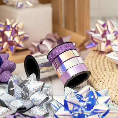WRAPAHOLIC 14 Pcs Gift Bows Assortment - 12 Multi Colored Assorted Size Gift Bows (Purple, Pink, White, Rose Gold, Silver) and 2 Crimped Curling Ribbons, Perfect for Christmas, Holiday, Party