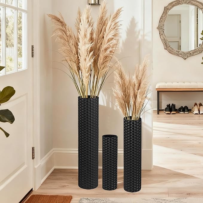 Black Tall Floor Vase - Set of 3 Extra Large Metal Decorative Vases for Living Room, 27.6" Long Modern Honeycomb Texture Big Cylinder Standing Corner Decor for Home Dining Bedroom Pampas Grass