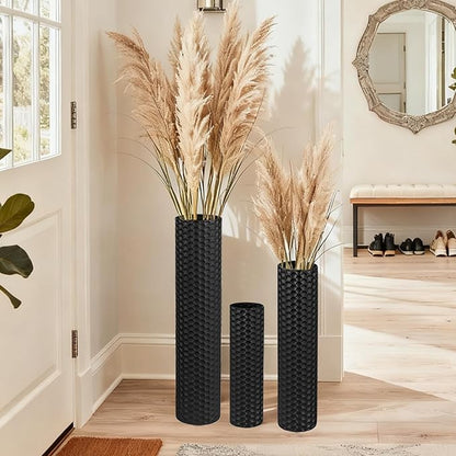 Black Tall Floor Vase - Set of 3 Extra Large Metal Decorative Vases for Living Room, 27.6" Long Modern Honeycomb Texture Big Cylinder Standing Corner Decor for Home Dining Bedroom Pampas Grass
