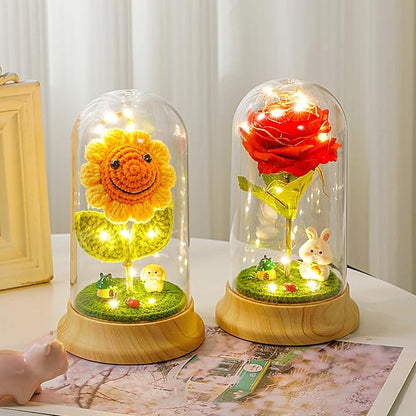 Levvohd Crochet Sunflower Gifts for Women, Artificial Sun Flower Birthday Gifts for Grandma, in Plastic Dome Sunflower, for Her Mom Mothers Day Christmas Day Gifts (B - 4.3 in X 7.5 in)