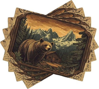 Cabin Bear Placemats Set of 4 Washable Table Mats Rustic Wildlife Hunting Forest Mountain Heat-Resistant Cotton Linen Place Mats for Dining Table Kitchen Indoor Outdoor Party Holiday Decor