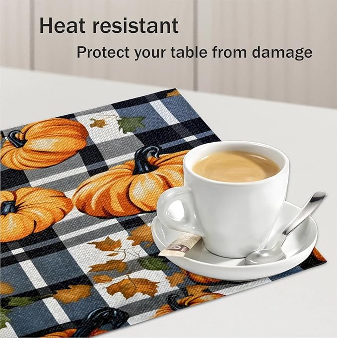 Halloween Pumpkin Placemats Set of 6, Washable Linen Place Mats, Black Buffalo Plaid Table Mats for Kitchen Dining Table Decor Heat Resistant Tablemats 12x18
