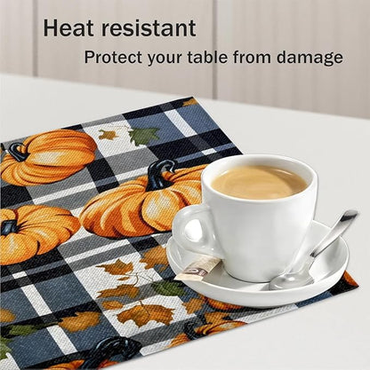 Halloween Pumpkin Placemats Set of 6, Washable Linen Place Mats, Black Buffalo Plaid Table Mats for Kitchen Dining Table Decor Heat Resistant Tablemats 12x18