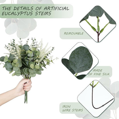 Artificial Eucalyptus Leaves Stems 120 Pcs 4 Kinds Mixed Fake Silver Dollar Eucalyptus Leaves Stem Bulk Faux Leaf for DIY Bouquets Floral Arrangement Wedding Home Decor