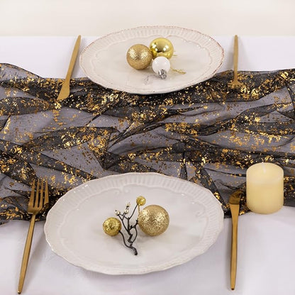 Socomi Gold Black Table Runner Christmas Gauze Sheer Chiffon Cheesecloth Sequin 10FT Glitter Metallic Foil Dining Wedding Birthday Party Fall Winter Anniversary Holiday Centerpiece Table Decor Black