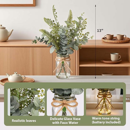 Artificial Eucalyptus Stems in Glass Vase with Faux Water, 13” Fake Plants Mix Eucalyptus Leaves with Lights, Faux Greenery Plants Decorations Home Office Farmhouse Wedding Centerpiece Décor