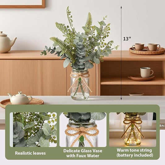 Artificial Eucalyptus Stems in Glass Vase with Faux Water, 13” Fake Plants Mix Eucalyptus Leaves with Lights, Faux Greenery Plants Decorations Home Office Farmhouse Wedding Centerpiece Décor