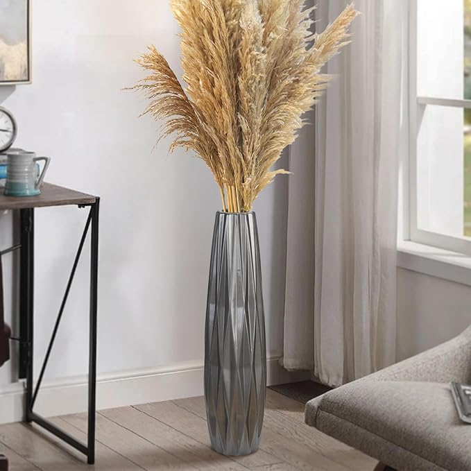 Silvery Ceramic Tall Floor Vase,24 Inch Large Modern Flower Vases for Home Décor,Wicker Big Floor Vases Decorations for Farmhouse, Living Room,Bedroom,Standing Plastic Vase Decorative Tall