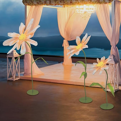 3Pcs Wedding Artificial Daisy Flowers Giant Artificial Paper Flowers Artificial Daisy Flower 3-Head Giant Fake Flowers with Standing Stems and Base for Wedding Wall Party Decor